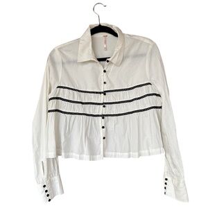 Free People Prairie Cottagecore Cropped Blouse XS White Lace Trim Peplum Top